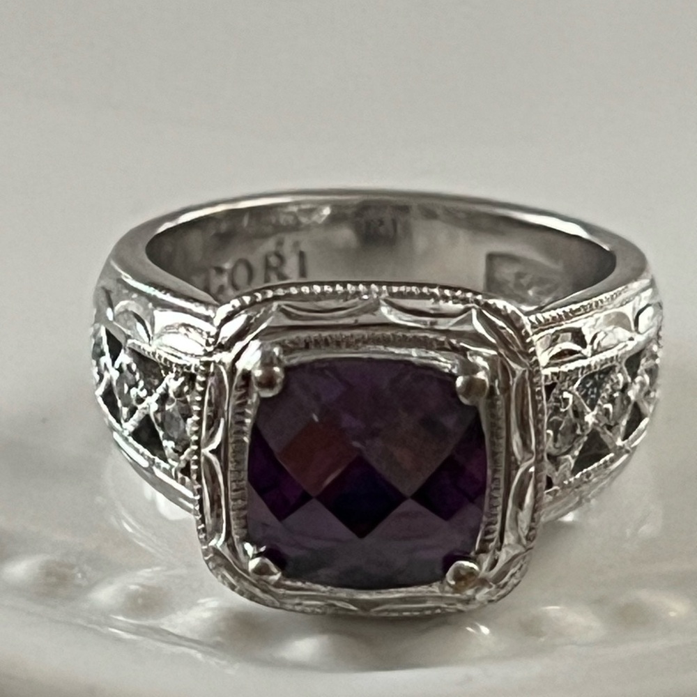 Vintage Tacori Cushion Cut Amethyst & CZ Over 925 Sterling Silver Ring - Picture 8 of 13